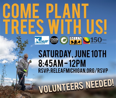 Graphic with details for Releaf Tree Planting event showing image of a man planting a tree