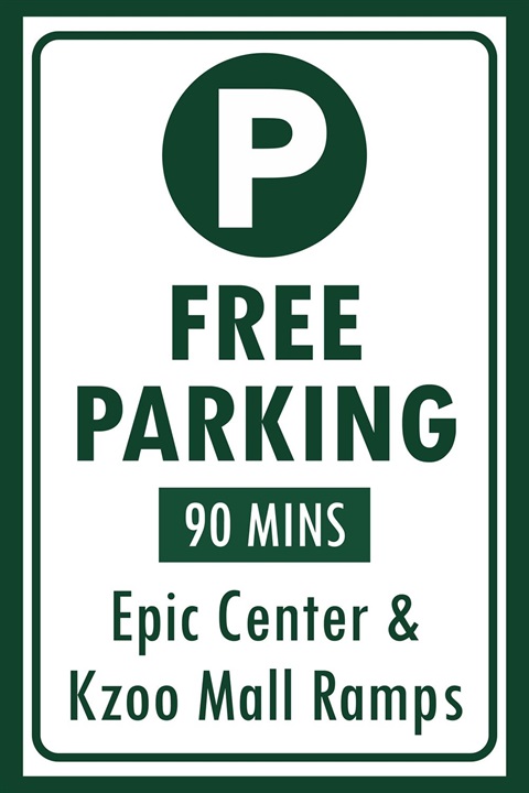 Graphic showing free parking in the Epic Center and Kalamazoo Mall Parking Ramps