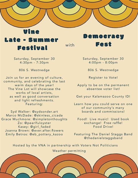 Flyer for Vine Late-Summer and Democracy Fest