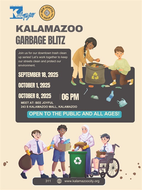 Flyer with details for the 2025 Garbage Blitz, showing an assortment of diverse people picking up trash.