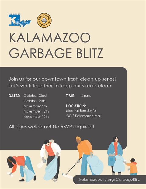 A flyer with details for the Garbage blitz, showing text and illustrations of people picking up trash