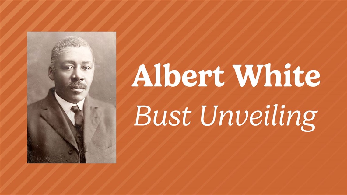 An orange graphic with a photo of Albert White that says 