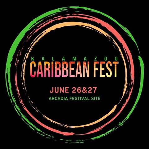 A black, green, and red circular graphic that says Kalamazoo Caribbean Fest June 26 & 27 at Arcadia Festival Site