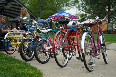 A photo of bikes lined up at the Bicycle Show in Bronson Park