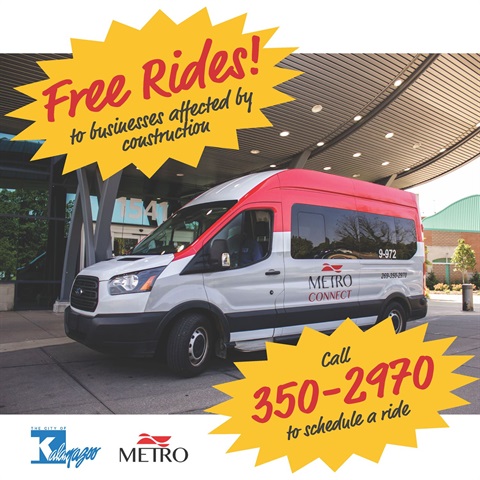 An image showing a metro connect vehicle advertising free rides due to construction