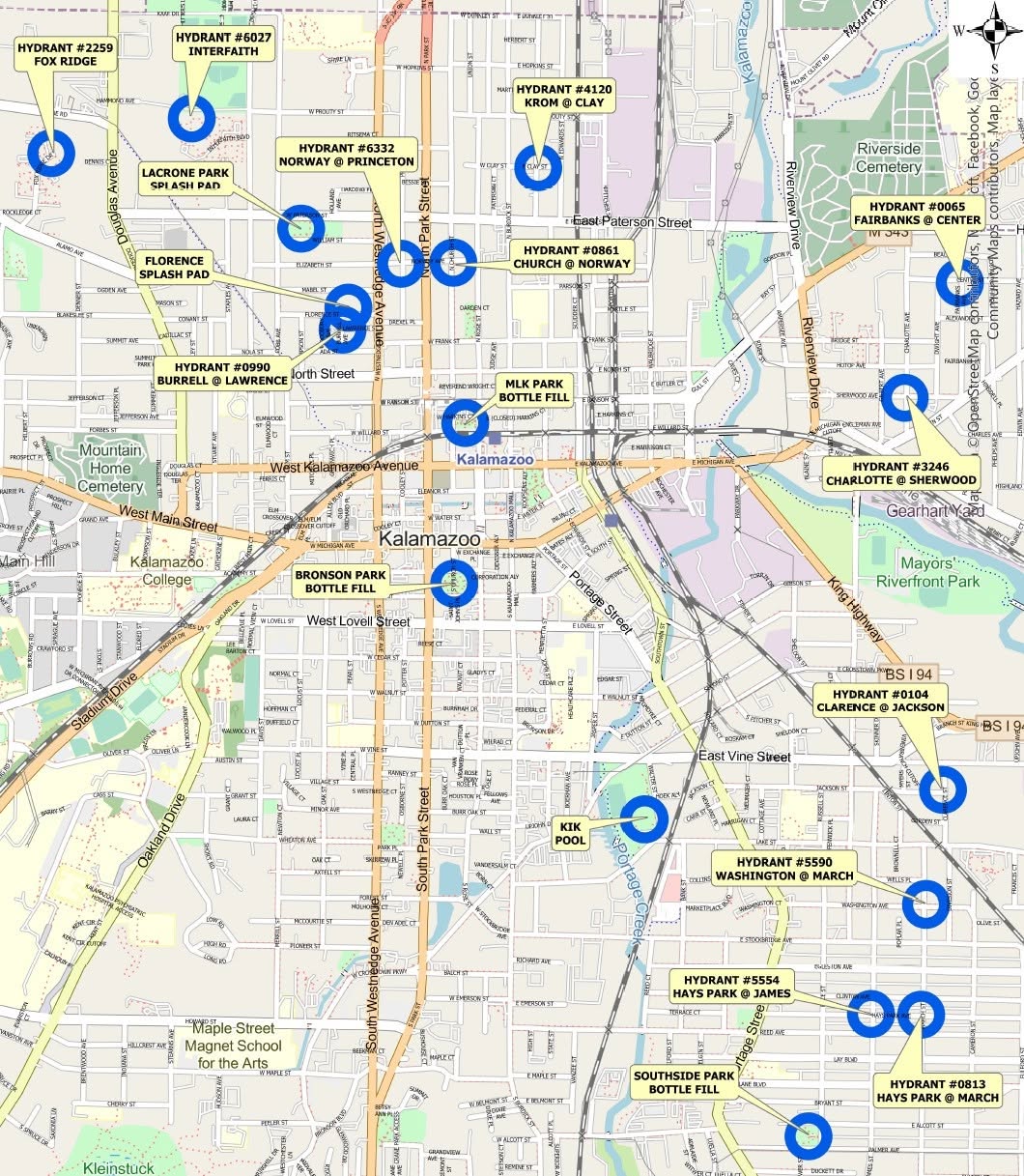 A map of a portion of Kalamazoo showing hydrants that will be opened during a heat advisory and other cooling features. 