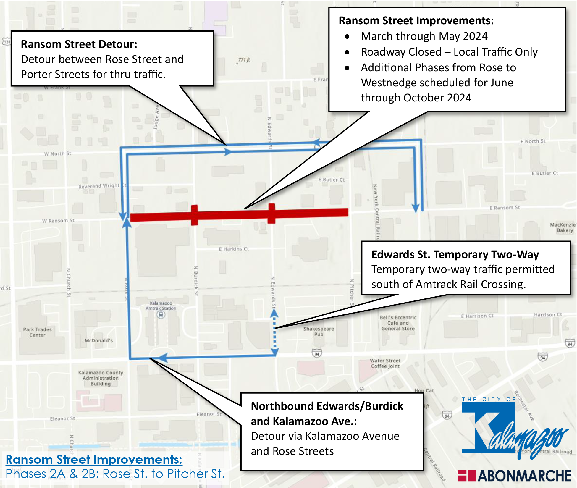 Detour map for phase 2A and 2B of the Ransom Street project