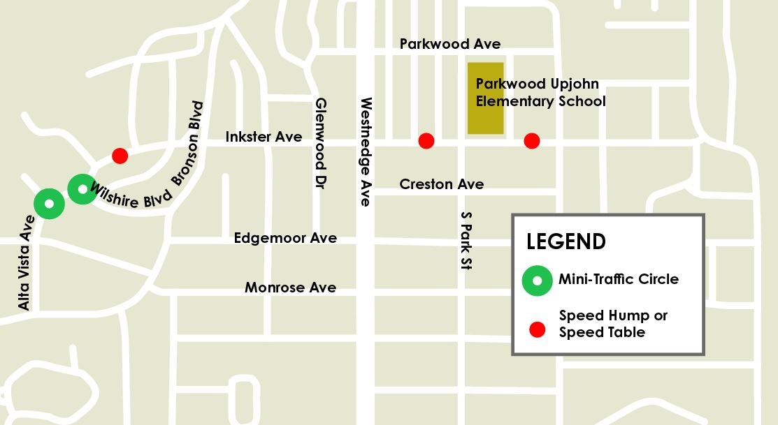 Map of Speed Hump/Table locatons in the Westnedge Hill Neighborhood