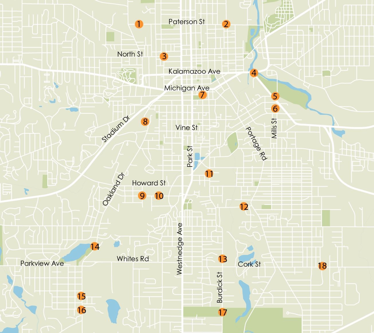 Map showing potential locations for pedestrian refuge islands