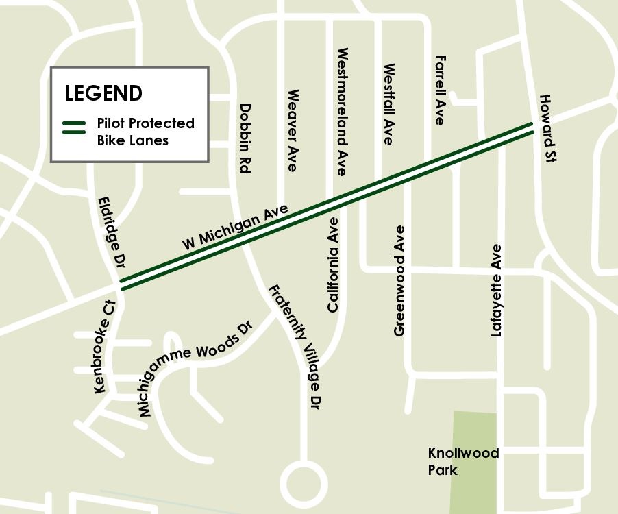 A map for protected bike lanes on W Michigan Ave