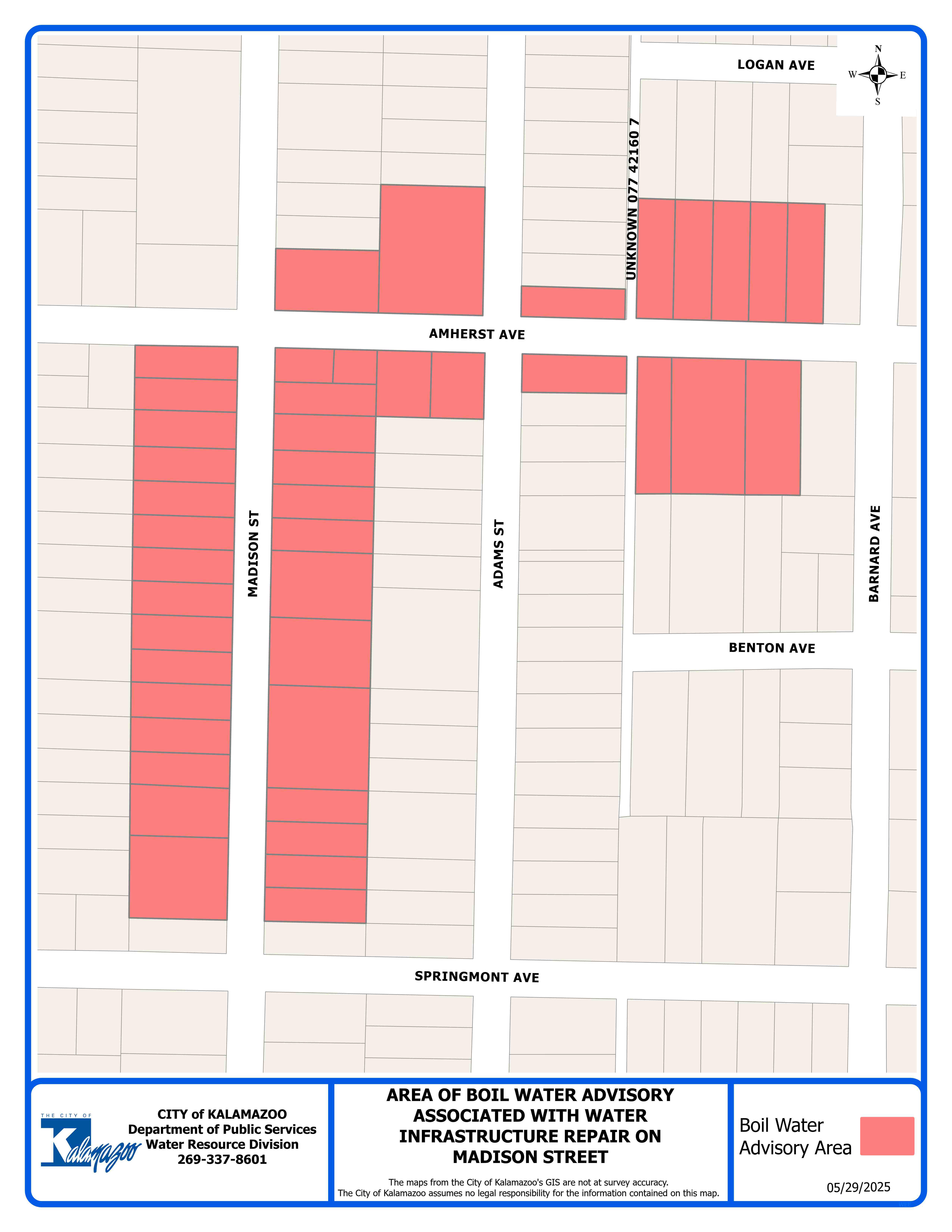 A map showing affected properties for the boil water advisory described on this page.