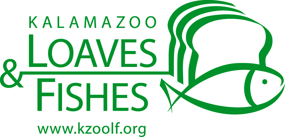 Kalamazoo Loaves and Fishes Logo. Logo includes a graphic of bread and a fish as well as the text 