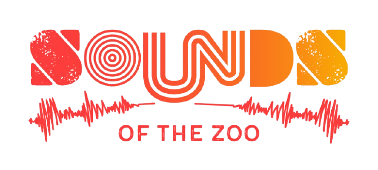 Sounds of the Zoo logo, the word Sounds is illustrated with geographic patterns fading from red to orange above the words of the zoo. there is a sound wave element separating the two lines of text. 