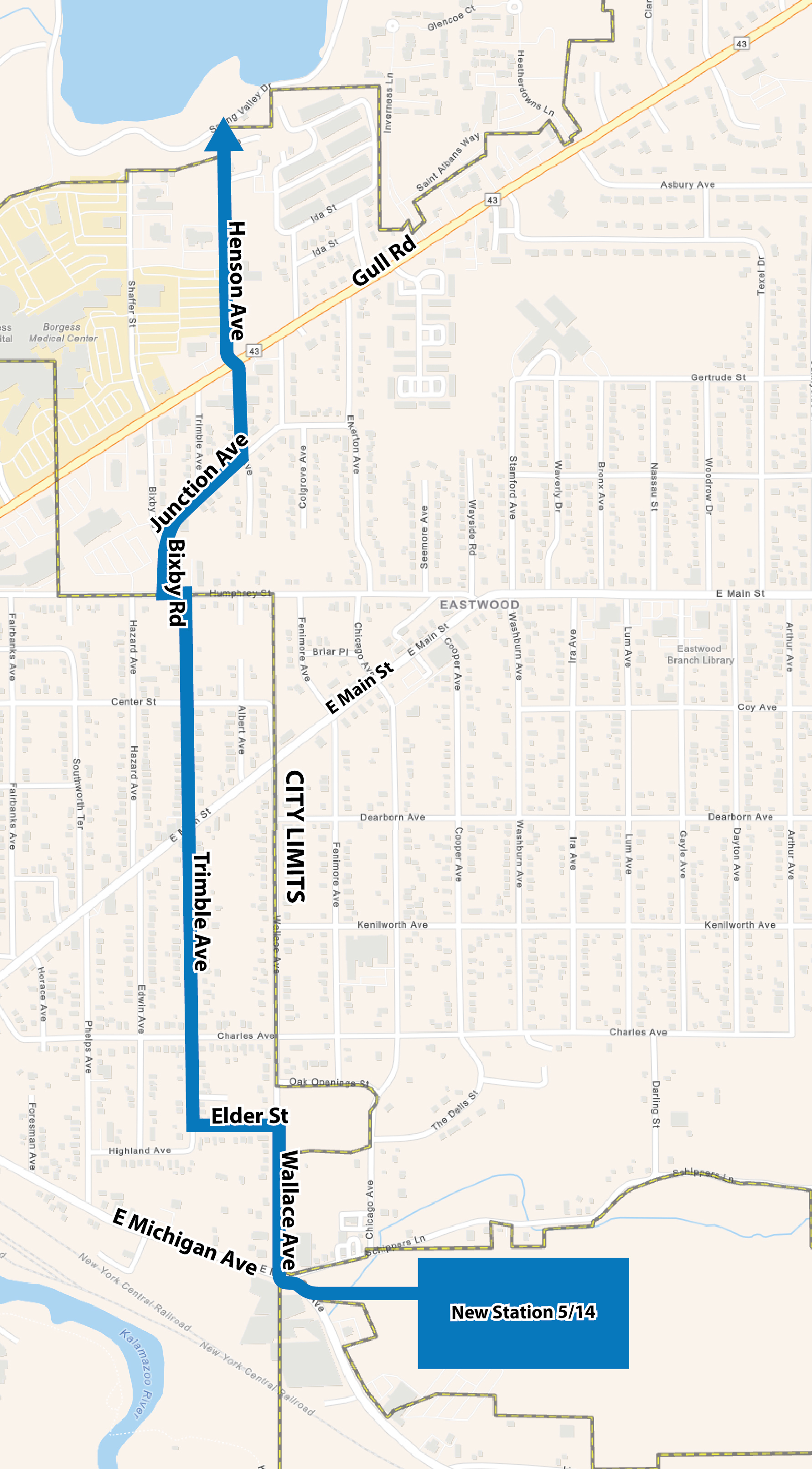 A map showing the project area for the Station 5-14 Water main project. Starting with a new treatment plant on E Michigan, then going north along Wallace, Elder, Trimble, Bixby, Junction, and Henson to Spring Valley Park.