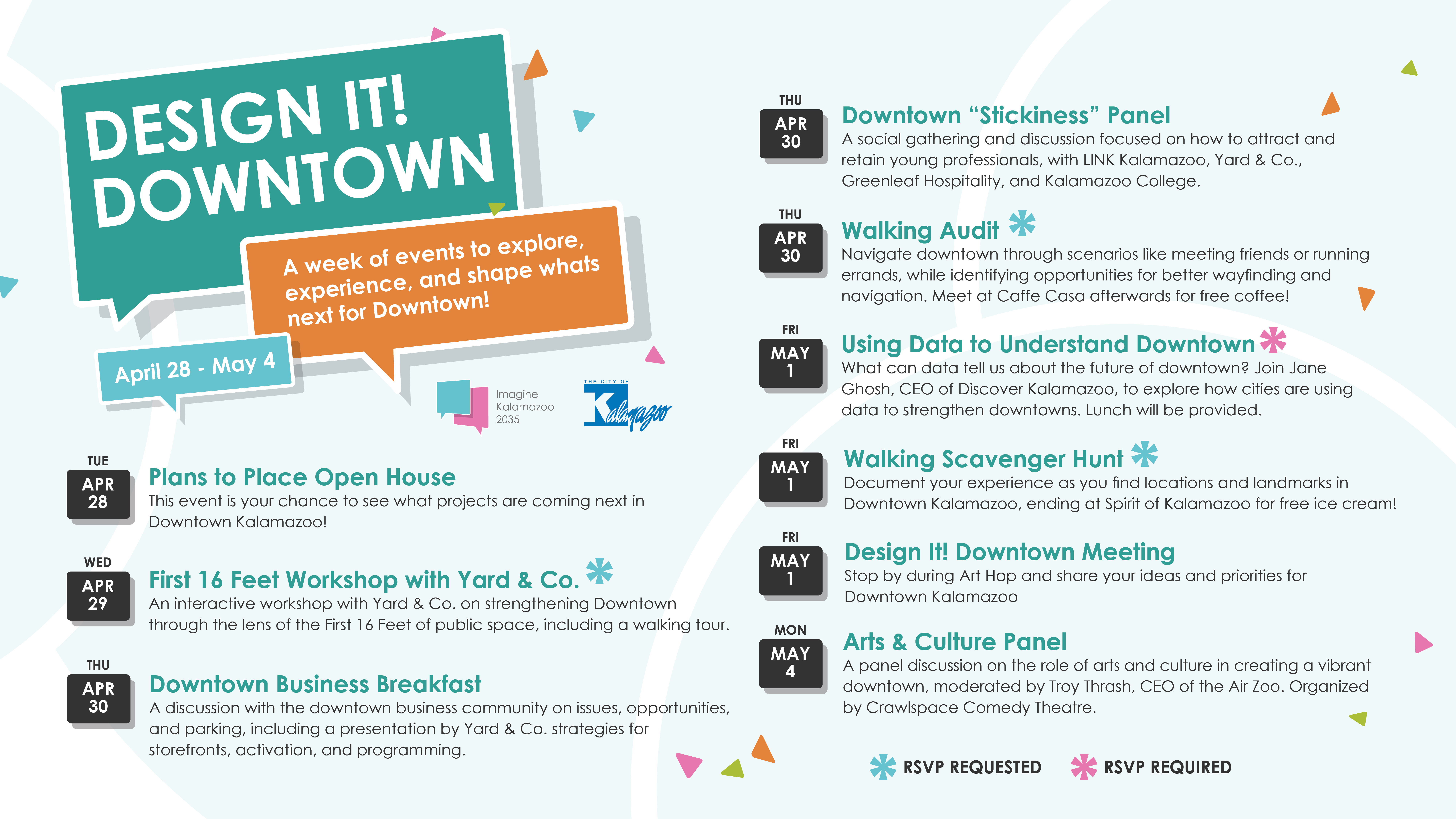 Graphic showing a list of neighborhood meeting dates for the Design It! phase of Imagine Kalamazoo. Meeting dates are also contained on this webpage.