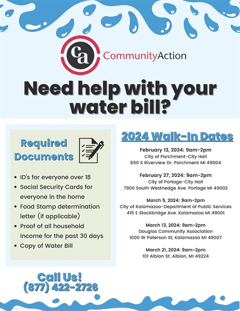 Image of a flyer with details for CAA walk in hours for water bill assistance