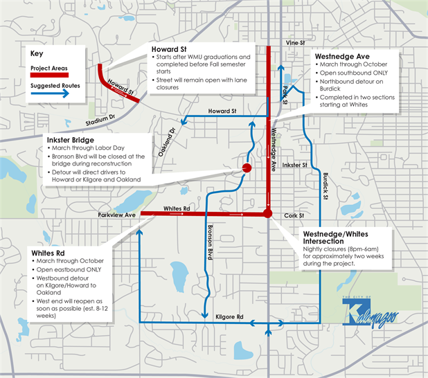 Map showing project areas and detours for 2024 projects on Westnedge, Whites, Bronson, and Howard