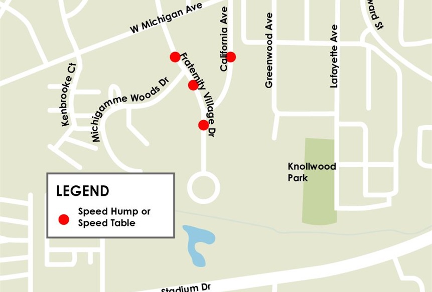 Map of proposed traffic calming on Fraternity Village Dr