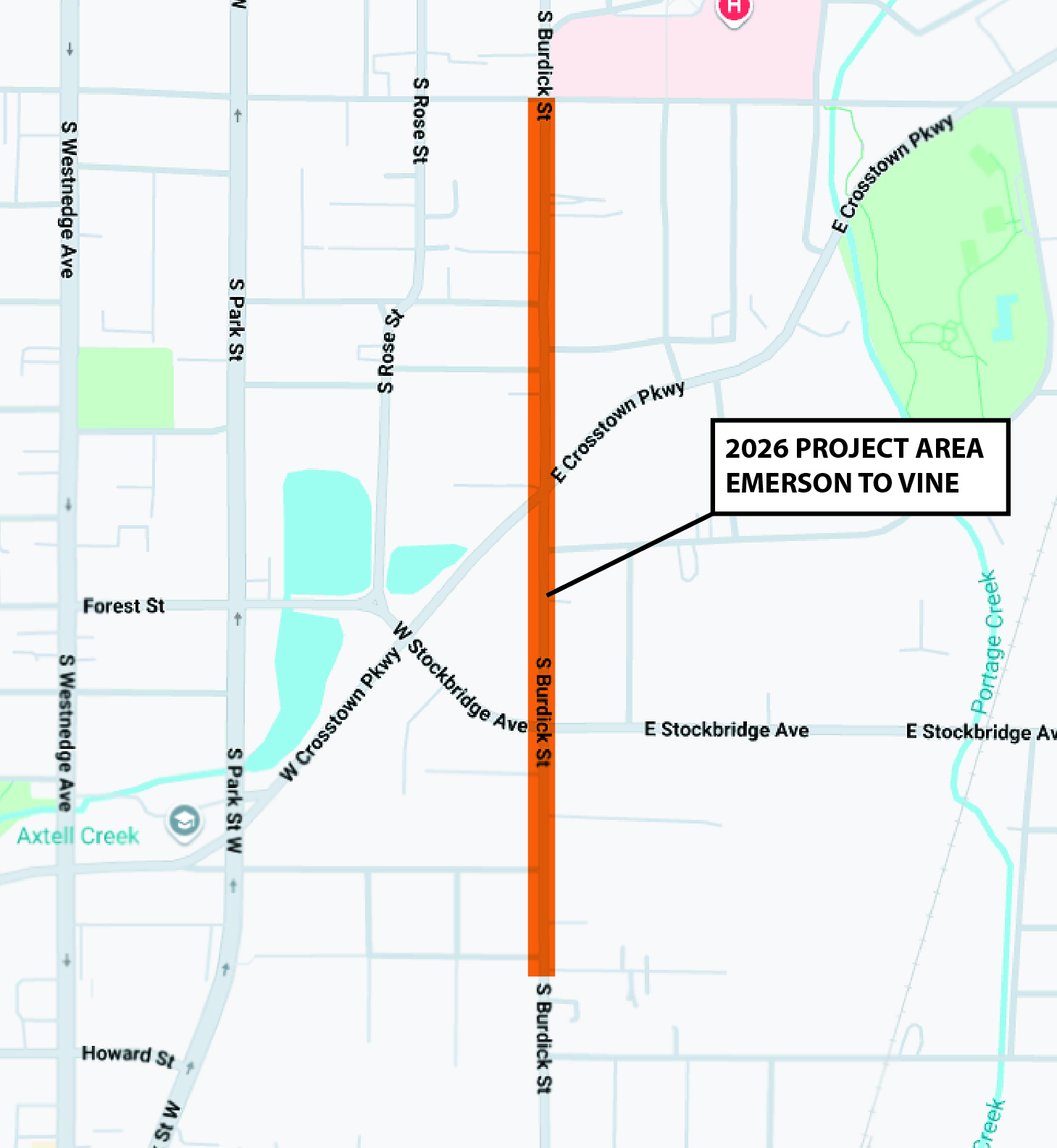 A map showing the construction area for the 2026 Burdick water main project, Burdick St between Emreson and Vine.