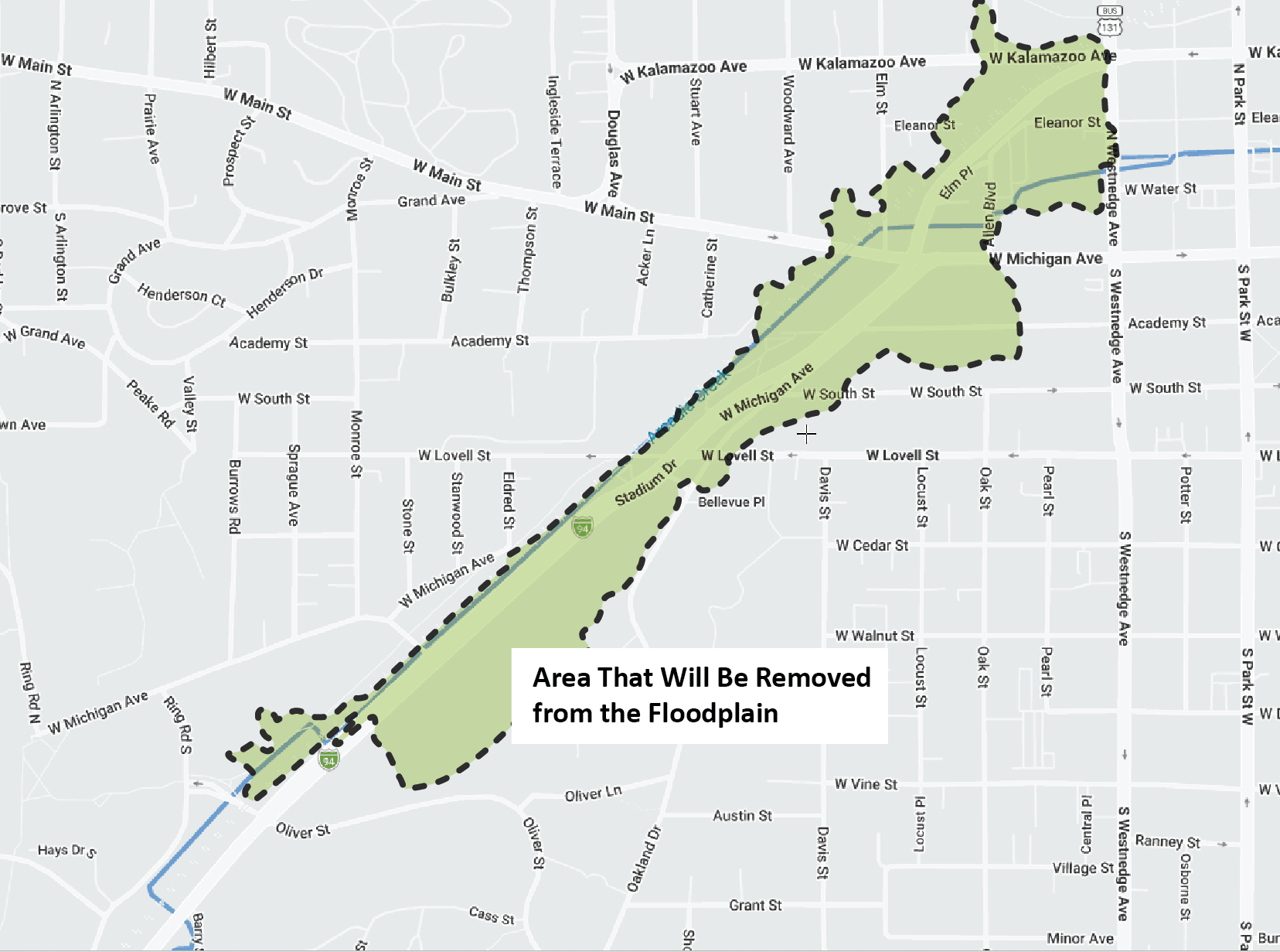 A map showing a section of floodplain that will be eliminated due to the Arcadia Creek project.