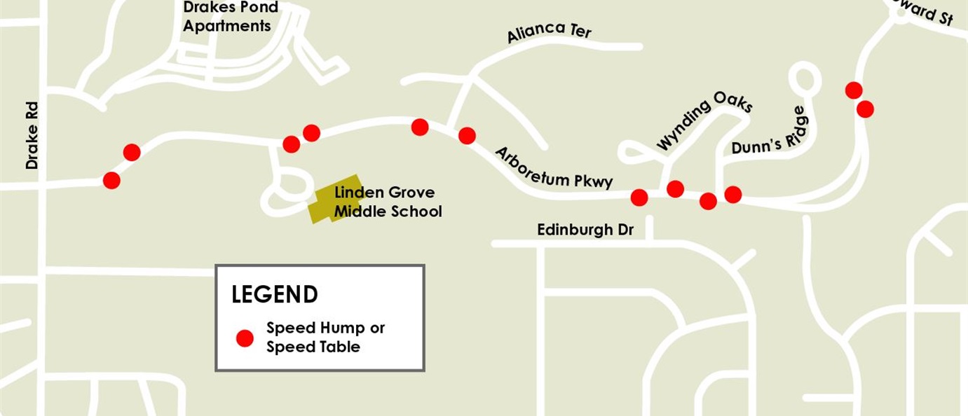 Map of Speed Hump/Table locatons on Arboretum Pkwy