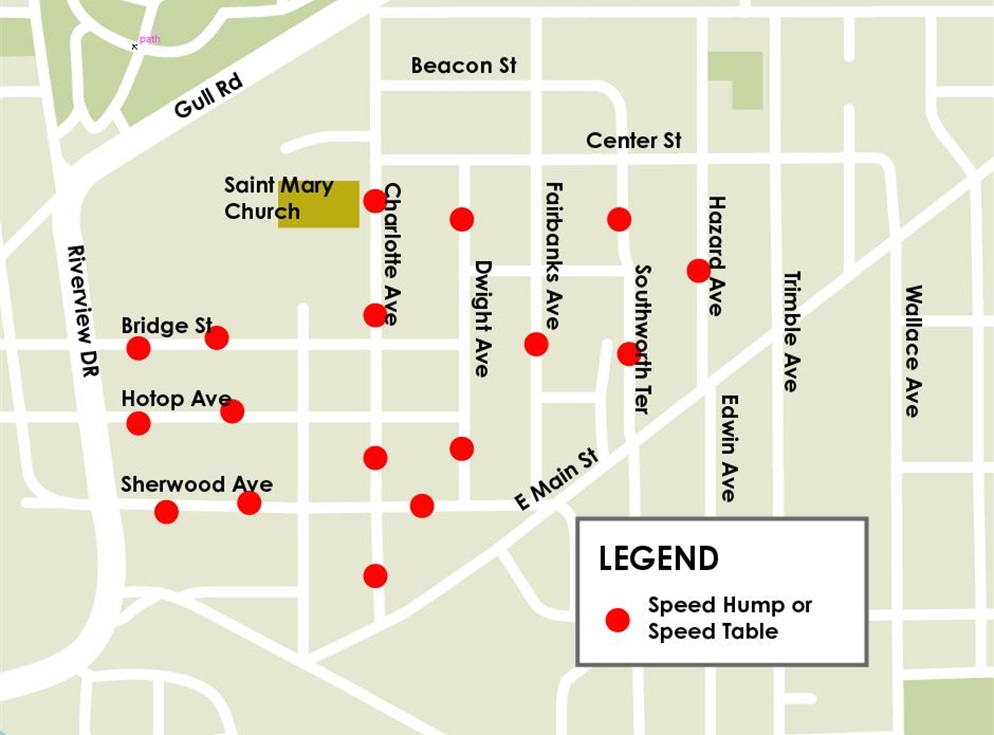 Map of Speed Hump/Table locatons in the Eastside Neighborhood