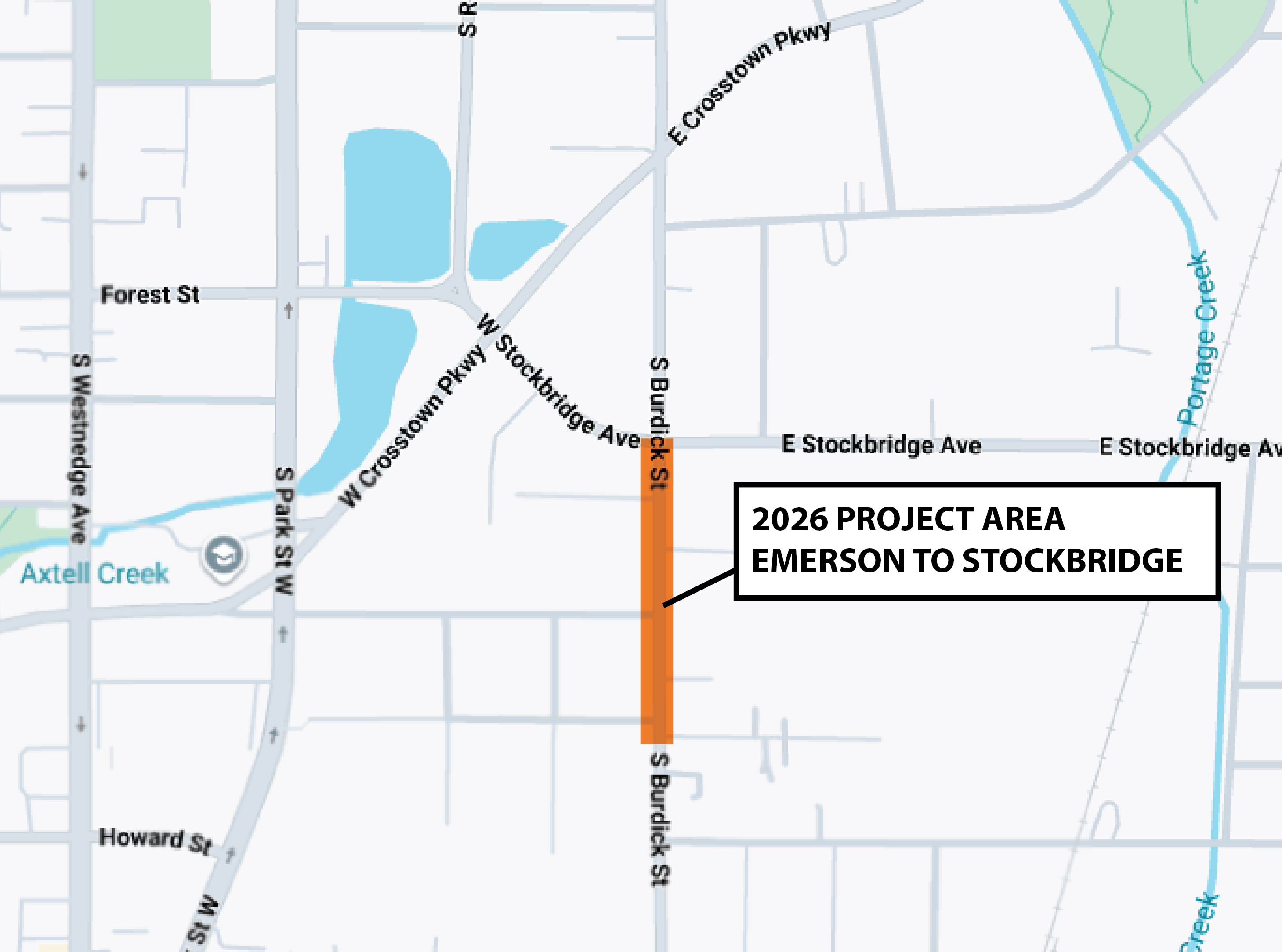 A map showing the construction area for the 2026 Burdick water main project, Burdick St between Emreson and Vine.