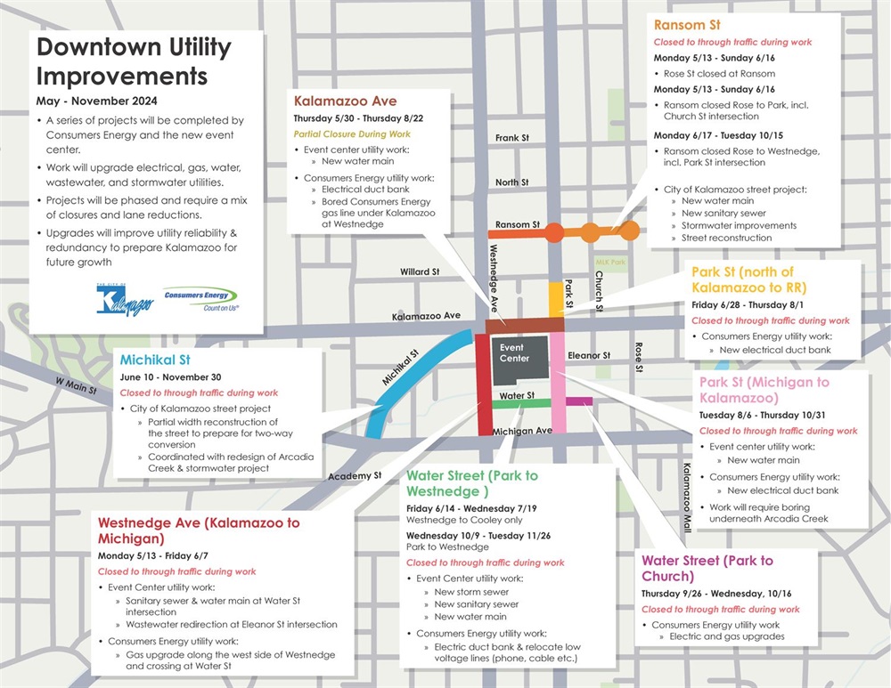 Map showing all utility work that will happen near the event center in 2024